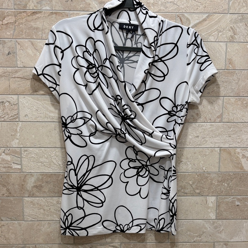 DKNY Women's White Top with Black Floral Design